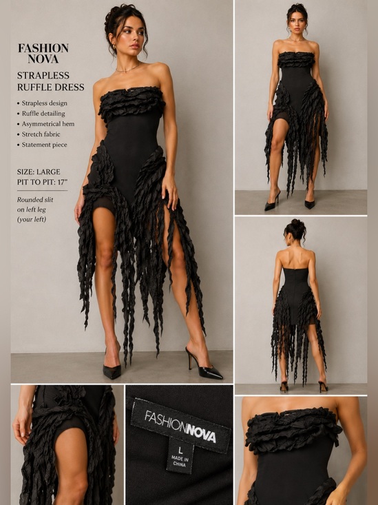 Fashion Nova Dresses & Skirts - Black Strapless Avant-Garde Ruffle Dress Size Large Date Night Cocktail Goth